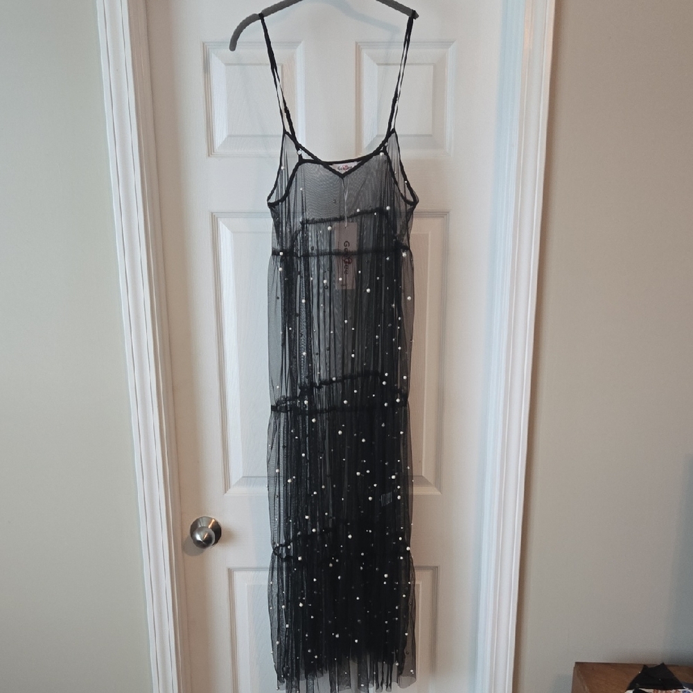 Elegant Black Sheer Maxi Dress with Pearl Dot Details